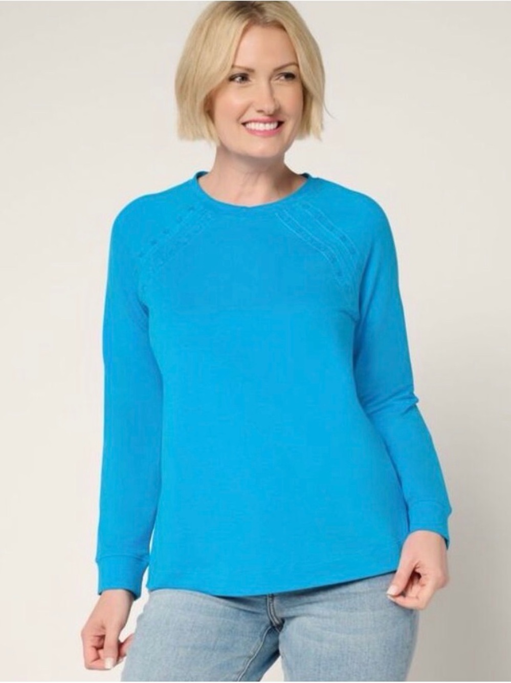 NEW Denim & Co Active French Terry Crewneck Pullover w/Embroidery XL